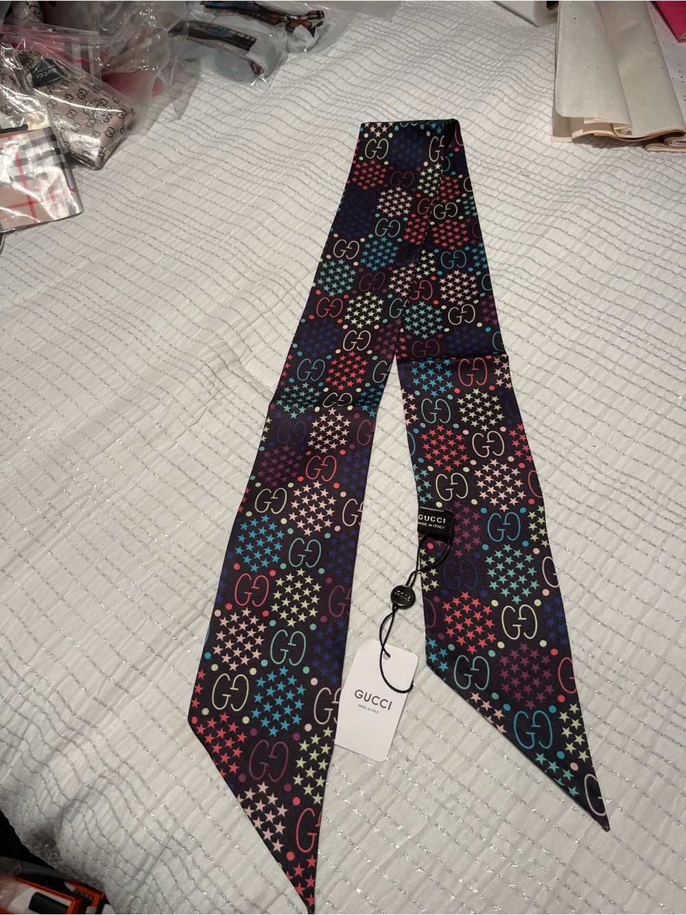 Gucci Black Multicolor GG Star Print Silk Twilly